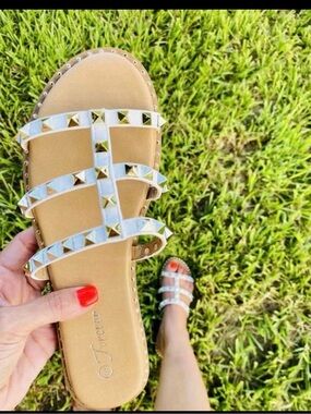 Studded White Slide Sandals - Women